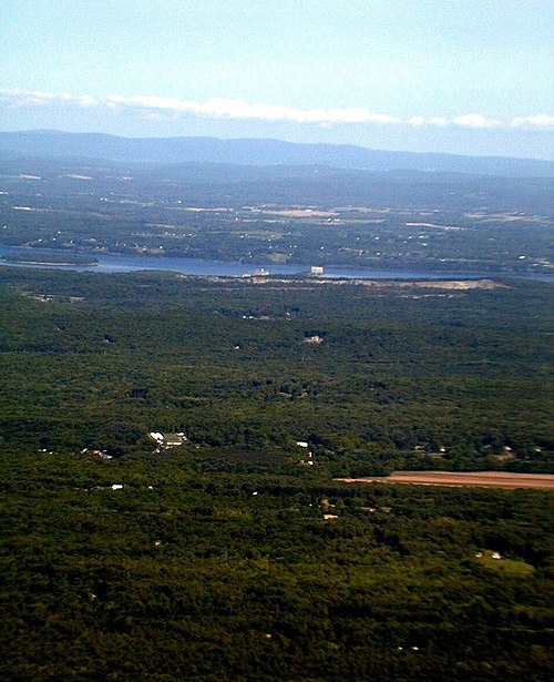 View east over the Hudson River from Catskill Mountain House site. Taconic Mountains of New York, Connecticut and Massachusetts are in the background.