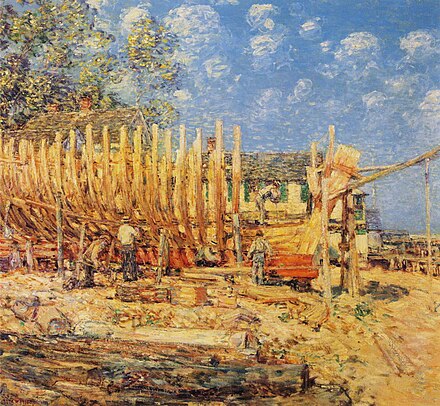 Childe Hassam visited Provincetown and painted this impressionist work called Building a Schooner. Long known as an artist's colony, Provincetown continues to produce and market fine art in its many galleries.