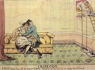 Crim. Con, a cartoon of Sir John Piers and Lady Cloncurry witnessed in an embrace by the painter Gaspare Gabrielli. The caption claims that the sketch "has been valued by 12 Connoisseurs at Twenty Thousand pounds!", a satirical allusion to the sum awarded to Lord Cloncurry by the jury in the ensuing criminal conversation court case of 1807. Crim. con.jpg