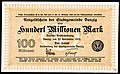 Image 16 German Papiermark Banknote design credit: Danzig Central Finance Department; photographed by Andrew Shiva The Papiermark is the name given to the German currency from 4 August 1914, when the link between the Goldmark and gold was abandoned. In particular, the name is used for the banknotes issued during the period of hyperinflation in Germany in 1922 and especially 1923. During this period, the Papiermark was also issued by the Free City of Danzig. The last of five series of the Danzig mark was the 1923 inflation issue, which consisted of denominations of 1 million to 10 billion issued from August to October 1923. The Danzig mark was replaced on 22 October 1923 by the Danzig gulden. This one-hundred-million-mark banknote, issued on 22 September 1923, is in the National Numismatic Collection of the Smithsonian Institution's National Museum of American History. Other denominations: '"`UNIQ--templatestyles-00000012-QINU`"' * 1 million * 10 million * 500 million * 5 billion * 10 billion