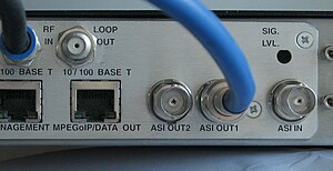 The ASI output of a DVB Integrated Receiver/Decoder (IRD). It carries the entire MPEG transport stream being received from a DVB satellite feed entering the RF input (far left side in picture). DVB Asynchronous Serial Interface.jpg