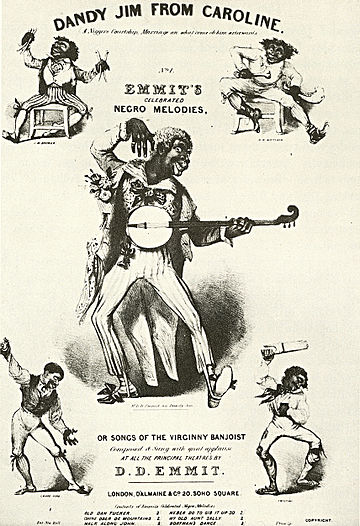 Sheet music cover for "Dandy Jim from Caroline", featuring Dan Emmett (center) and the other Virginia Minstrels, c. 1844