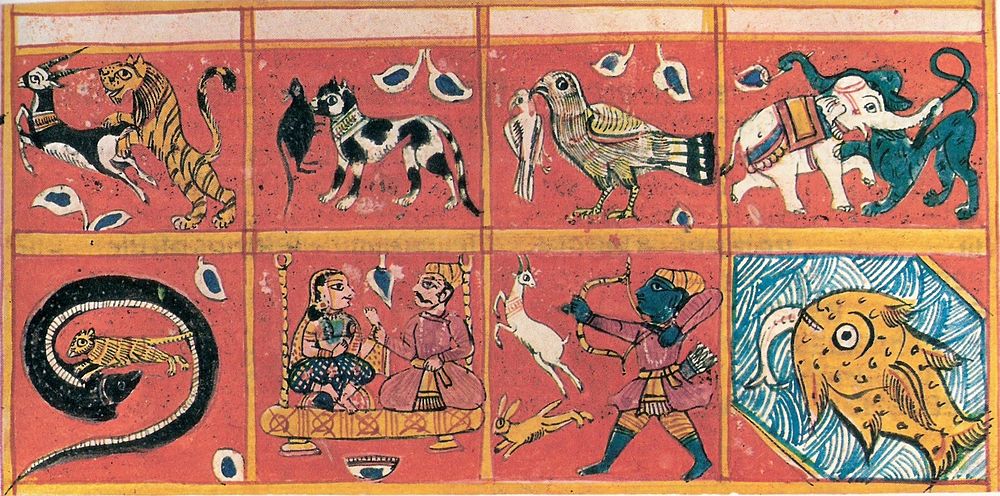 Violence (Himsa) gouache on paper, 17th century, Gujarat depicts animals of prey with their victims. The princely couple symbolises love, which is another occasion of violence.