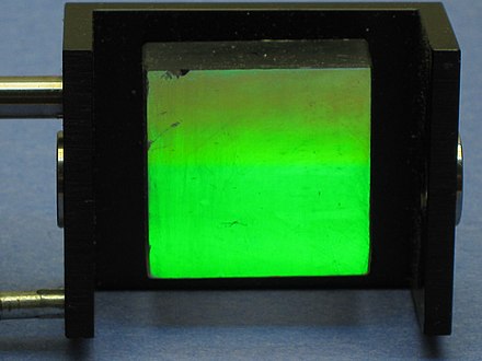 A diffraction grating reflecting only the green portion of the spectrum from a room's fluorescent lighting