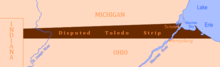 The disputed portion of Michigan Territory claimed by the state of Ohio known as the Toledo Strip. Disputed Toledo Strip.png