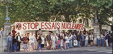 Demonstration against nuclear testing in Lyon, France, in the 1980s. Essais nucleaires manif.jpg