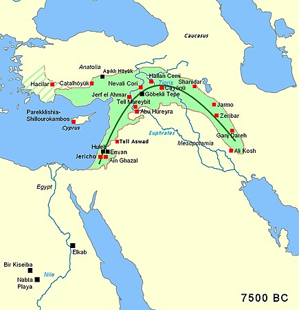 Area of the Fertile Crescent, circa 7500 BC, with main archaeological sites of the Pre-Pottery Neolithic period. At that time, the area of Mesopotamia proper was not yet settled by humans. Fertile crescent Neolithic B circa 7500 BC.jpg