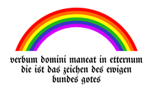 Die Abbildung zeigt einen Regenbogen. Darunter steht aus dem Lateinischen übersetzt: "das Wort des Herrn bleibt ewig" und auf Deutsch: "die ist das Zeichen des ewigen Bundes Gottes".