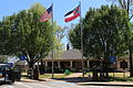 Flagpoles and building