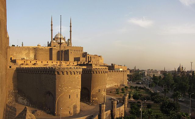 View of the Citadel, with the Ottoman-era gate of Bab al-'Azab, and the 19th-century Muhammad Ali Mosque.