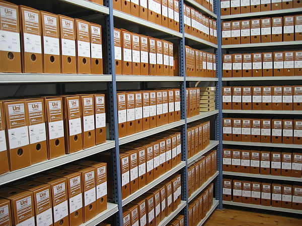 Shelved record boxes of an archive