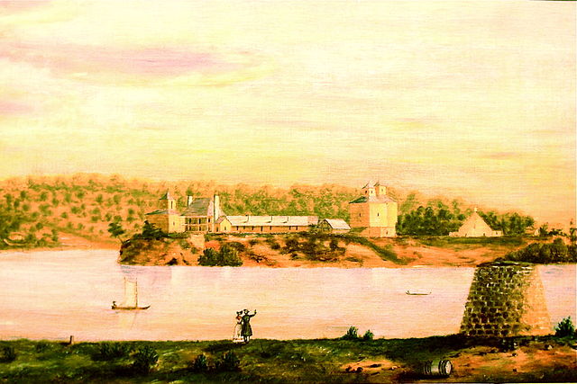 Fort Armstrong, Rock Island, Illinois, in 1838, the year that George Davenport was appointed a United States Indian Agent, from a painting by Octave B