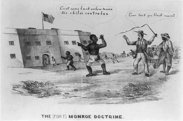 A contemporary cartoon showing slaves escaping to Fort Monroe after Gen. Butler's decree that all slaves behind Union lines would be protected. The po