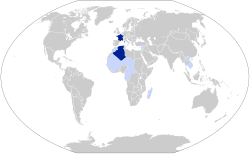 1939年末法兰西共和国的领土和殖民地 深蓝色： 法国本土 浅蓝色： 法国殖民地