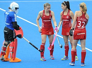 Great Britain's women's hockey players with their goal-keeper during a 2016 Champions Trophy match GB v Argentina 2016 CT (27151811463).jpg