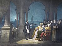 19th-century painting depicting Galileo Galilei displaying his telescope to Leonardo Donato in 1609. Galileo Donato.jpg