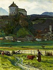 View of Kufstein Castle label QS:Len,"View of Kufstein Castle" label QS:Lpl,"Widok z okolic zamku Kufstein" label QS:Lfr,"Vue du château de Kufstein" . 1889. oil on canvas medium QS:P186,Q296955;P186,Q12321255,P518,Q861259 . 46 × 35 cm (18.1 × 13.7 in). Warsaw, National Museum in Warsaw (MNW).