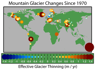 From 1970 to 2004, mountain glaciers thinned (yellow and red) in some regions and thickened (blue) in others. Glacier Mass Balance Map.png