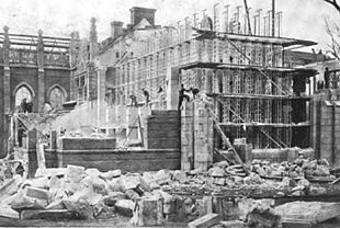 The stacks of Harvard's Gore Hall, under demolition in 1913 to make way for Widener Library GoreHallHarvard UnderDemolition early1913 cropped.jpg