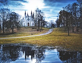 Church of Saint Alexander Nevsky, a gothic chapel built by Karl Friedrich Schinkel, in Alexandria Park, Peterhof