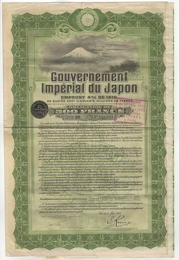 Bond of Japan, issued 15 May 1910, vignette with Fudschijama