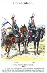 Cavalry trooper and officer of 1832, outfitted like Bavarian uhlans with czapki hats, in contrast to the shakos of other branches