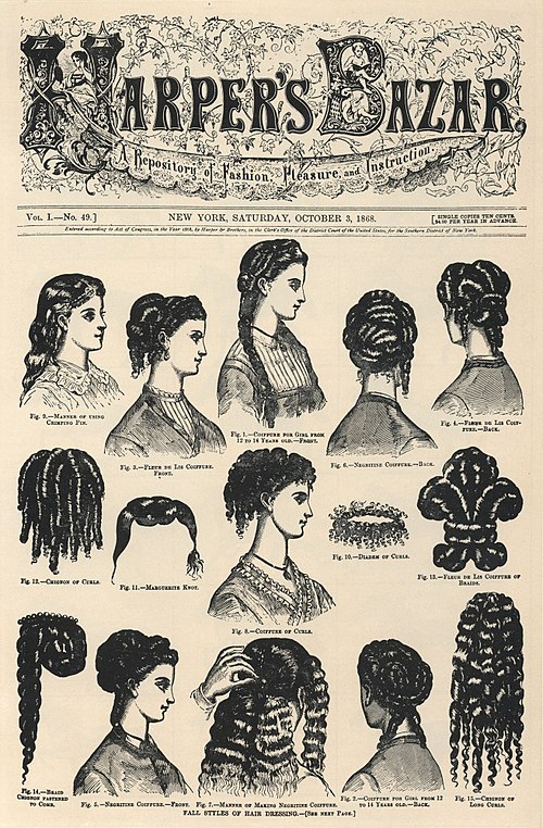 Front cover illustrating hairstyles, Vol. I, No. 49 (October 3, 1868) – as Harper's Bazar: A Repository of Fashion, Pleasure, and Instruction