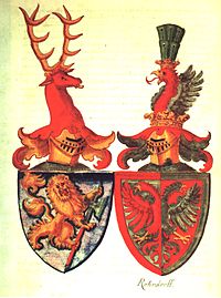 Arms of alliance; the husband's lion, which would normally face dexter, instead faces sinister toward the wife's shield Haug1-138.jpg