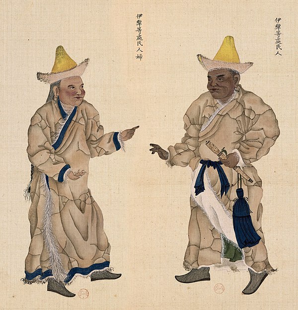 Commoner from Ili region, with his wife. Huang Qing Zhigong Tu, 1769.