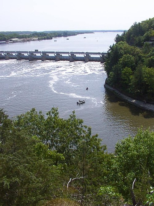 The Illinois River, as seen from Starved Rock State Park. The dam (upper-left center) is part of the infrastructure of the Illinois Waterway