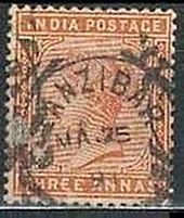 Indian stamp used in Zanzibar. India postage Queen Victoria stamp used in Zanzibar - Orange three annas, before 1900.jpg