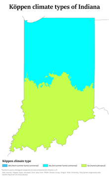 Koppen climate types in Indiana, showing that the state is now divided between hot-summer humid continental and humid subtropical. Indiana Koppen.png