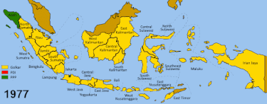 Map of the largest vote share per province in Indonesia's elections from 1971-2019 showing the dominance of Golkar (in yellow). IndonesianElections.gif