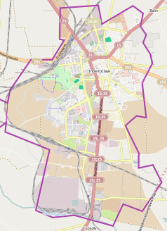 Mapa konturowa Inowrocławia, u góry znajduje się punkt z opisem „Miejskie Przedsiębiorstwo Komunikacyjne w Inowrocławiu sp. z o.o.”