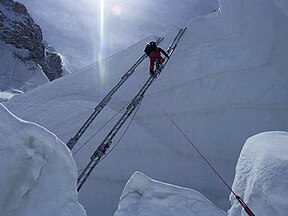 Climbing ladder bridging crevasse in Khumbu Icefall