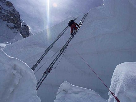Climber traversing Khumbu Icefall