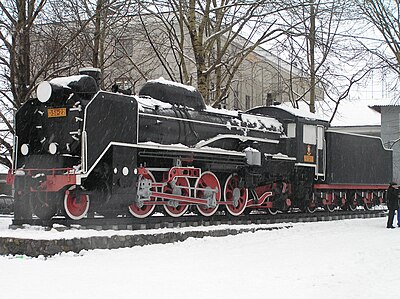 A Japanese D51 steam locomotive outside the Yuzhno-Sakhalinsk Railway Station