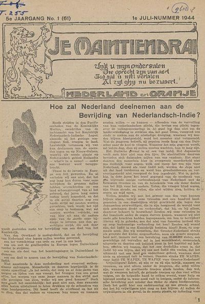 Front page of the Dutch illegal WW2 newspaper Je Maintiendrai from 03-07-1944