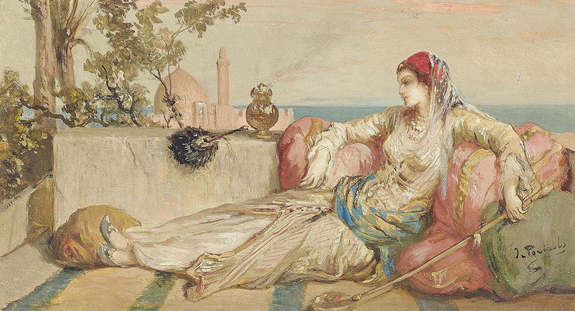 Jean-Francois Portaels - Odalisque on the terrace at dusk.jpeg