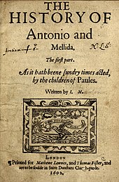 Title page of The History of Antonio and Mellida (1602) John Marston, Antonio and Mellida (1602).jpg