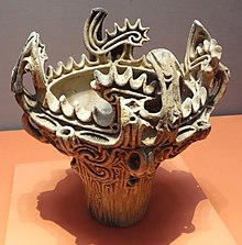 Middle Jomon vase; circa 3000-2000 BCE Jomon Vessel with Flame-like Ornamentation, attributed provenance Umataka, Nagaoka-shi, Niigata, Jomon period, 3000-2000 BC - Tokyo National Museum - DSC05620.JPG