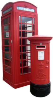 A red telephone box and a Royal Mail red pillar box, seen throughout the UK K6 Telephone Box and Edward VII Pillar Box Amberley.png