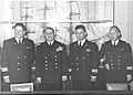 מפקד שייטת המשחתות צבי קינן ומפקד אח"י אילת מנחם כהן מתארחים אצל אדמירל ברז'וט מפקד הצי הצרפתי בטולון 1957.
