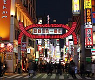 日本東京新宿區歌舞伎町門和五顏六色的霓虹燈路牌