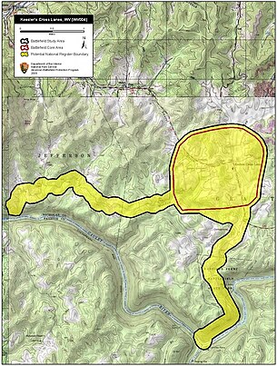 Map of Kessler's Cross Lanes Battlefield core and study areas by the American Battlefield Protection Program. Kessler's Cross Lanes Battlefield West Virginia.jpg