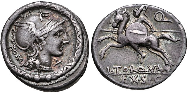 Denarius of Lucius Manlius Torquatus, Titus' grandson, 113–112 BC. The obverse depicts the head of Roma within a torque, the emblem of the Manlii Torq