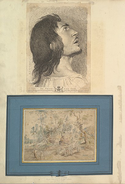 File:Leaf from Aedes Walpolianae mounted with a print and a drawing (a)- Head in Profile of Prodigal Son; (b)- The Wagonner (after Peter Paul Rubens) in Jean-Paul Mariette mount MET DP829092.jpg