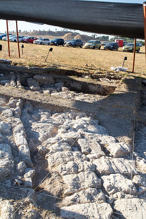 Excavations of Legio VI castra near Megiddo Junction, July 2015. Tel Megiddo in the background