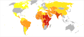 Disability-adjusted life years (DALY) lost from Leishmaniasis in 2012 per million males.   0-20   22-47   51-51   59-271   282-803   943-1,359   1,671-1,671   1,730-7,434 * Countries are divided approximately by population into ten groups. * Dependencies of France, United Kingdom, United States of America, The Netherlands and Denmark are grouped with their respective countries.