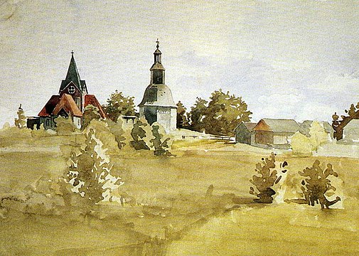 Lembolovon kirkko.  Vesiväri Eliel Saarinen.  1895